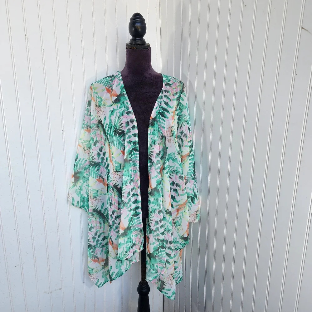 Nina Leonard Top Womens Open Front Sheer Tropical Floral Green Blouse Cover OS